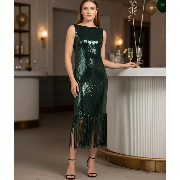 Nanette Lepore Women's Green Sequins Fringe Hem Maxi Cocktail Dress Party  Sz 14